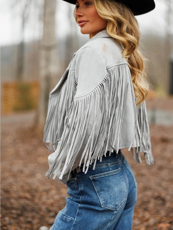 Jackets & Blazers - Fringe Suede Crop Jacket - Light Gray